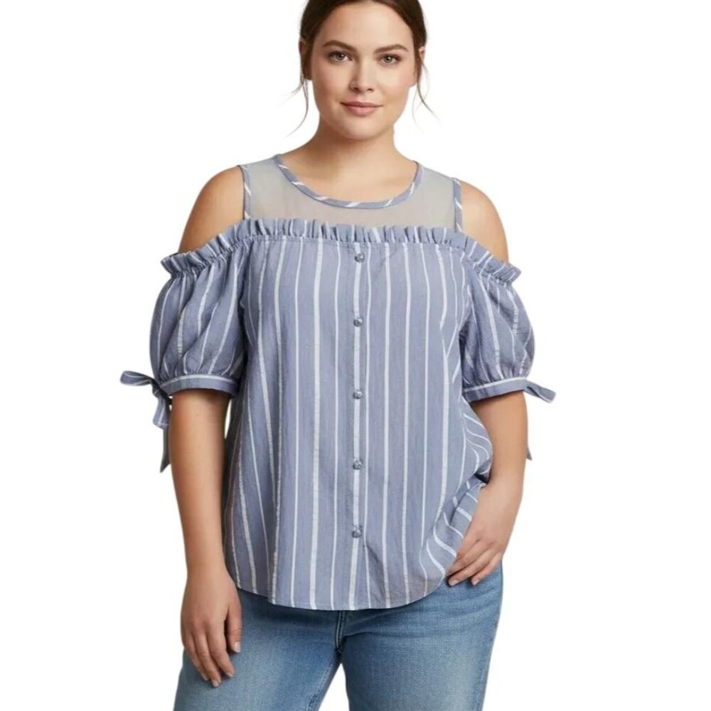 Mi Women's Blue/White Vertical Striped Cold Shoulder Blouse Size Large NWT